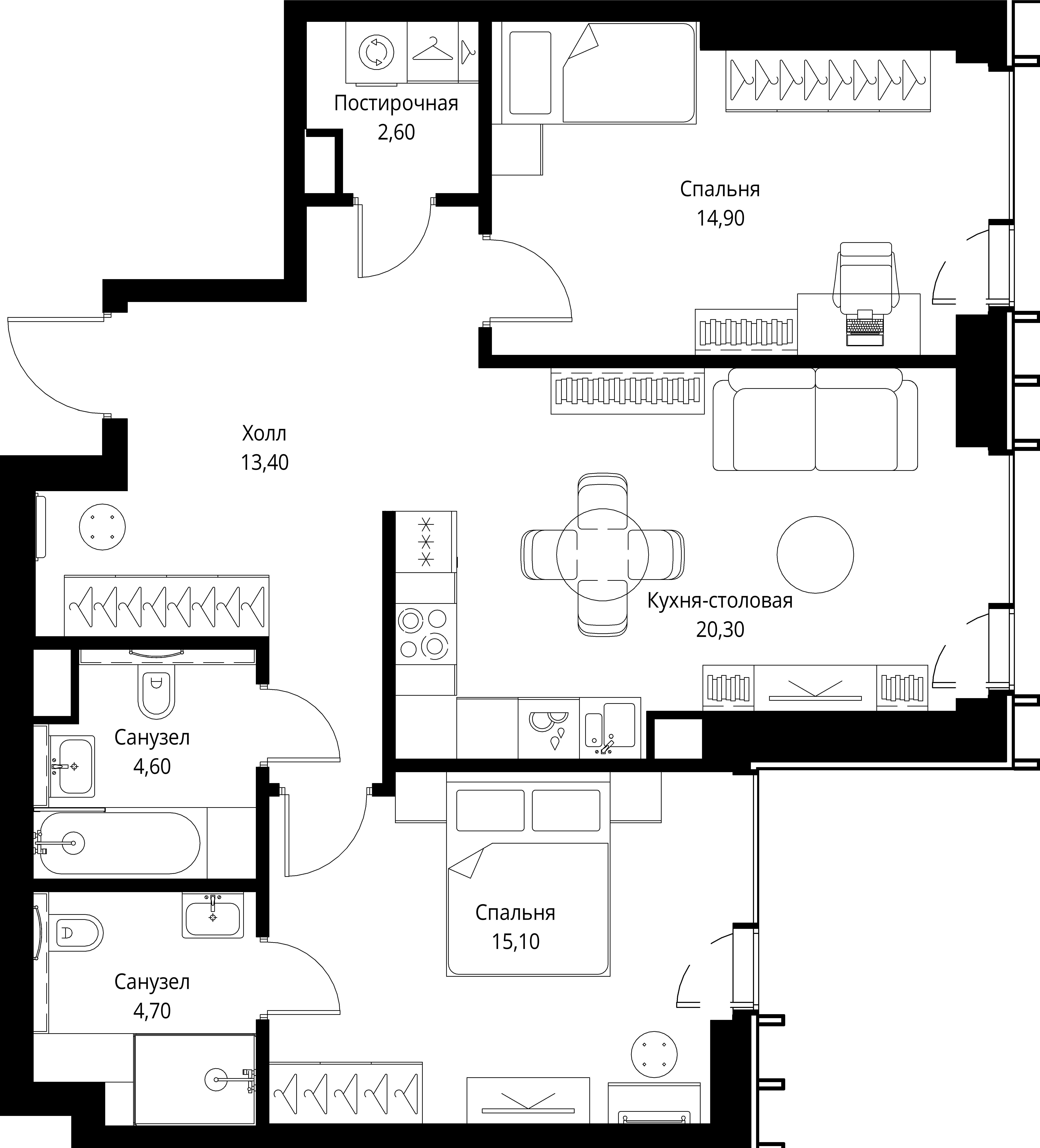 2 комн. квартира, 75.6 м², 44 этаж 