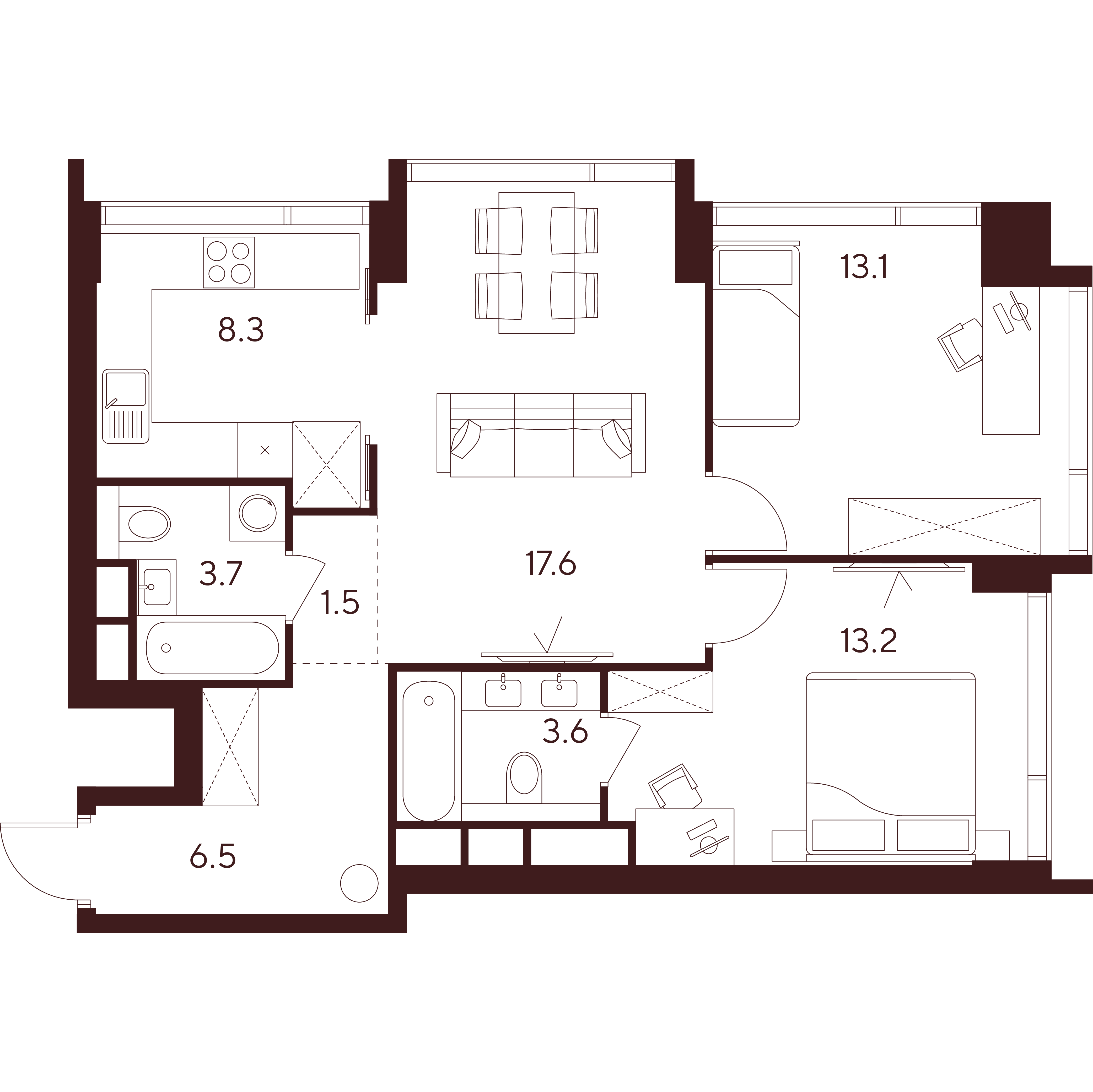 3 комн. квартира, 67.5 м², 34 этаж 