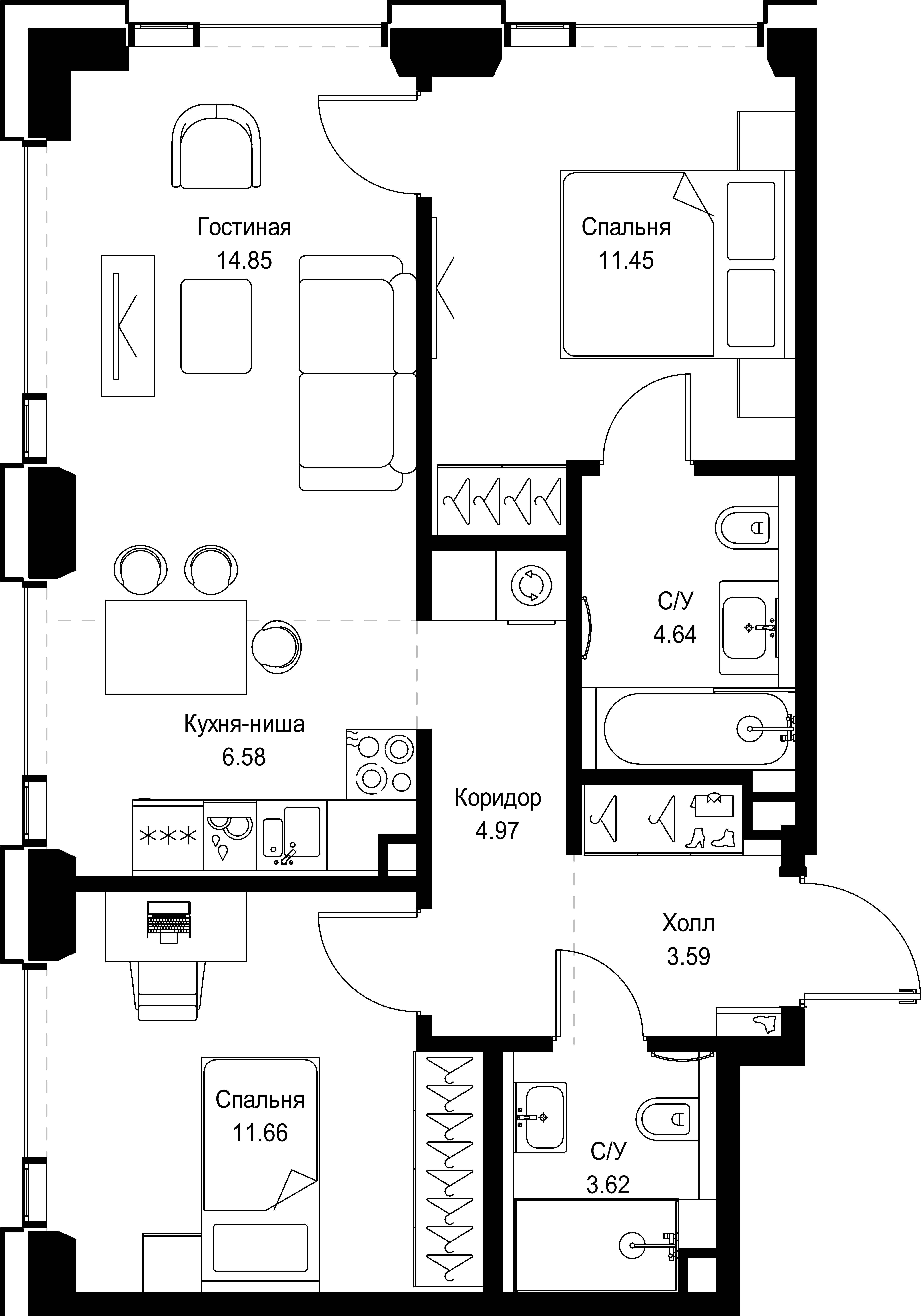 2 комн. квартира, 61.4 м², 42 этаж 