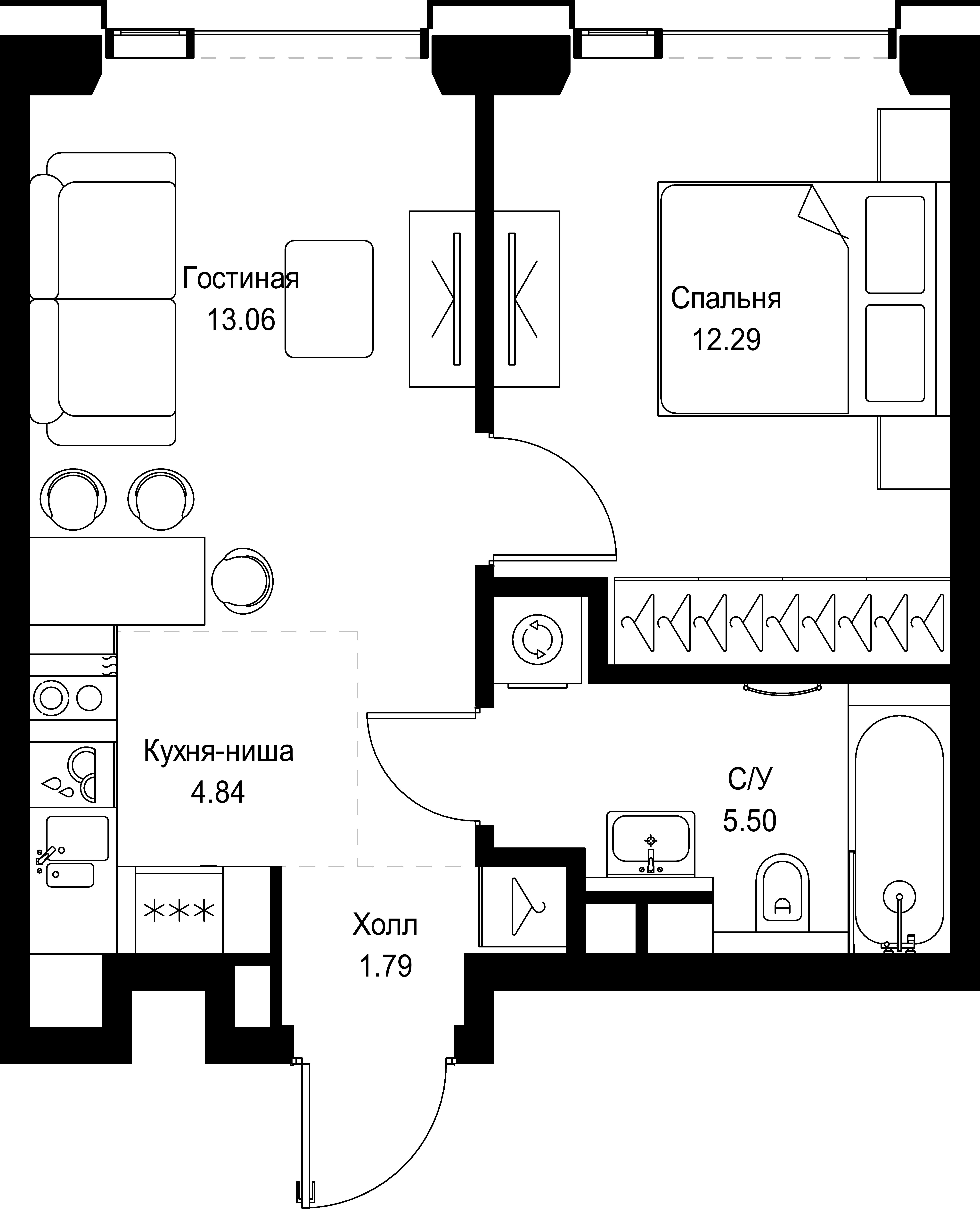 1 комн. квартира, 37.5 м², 33 этаж 
