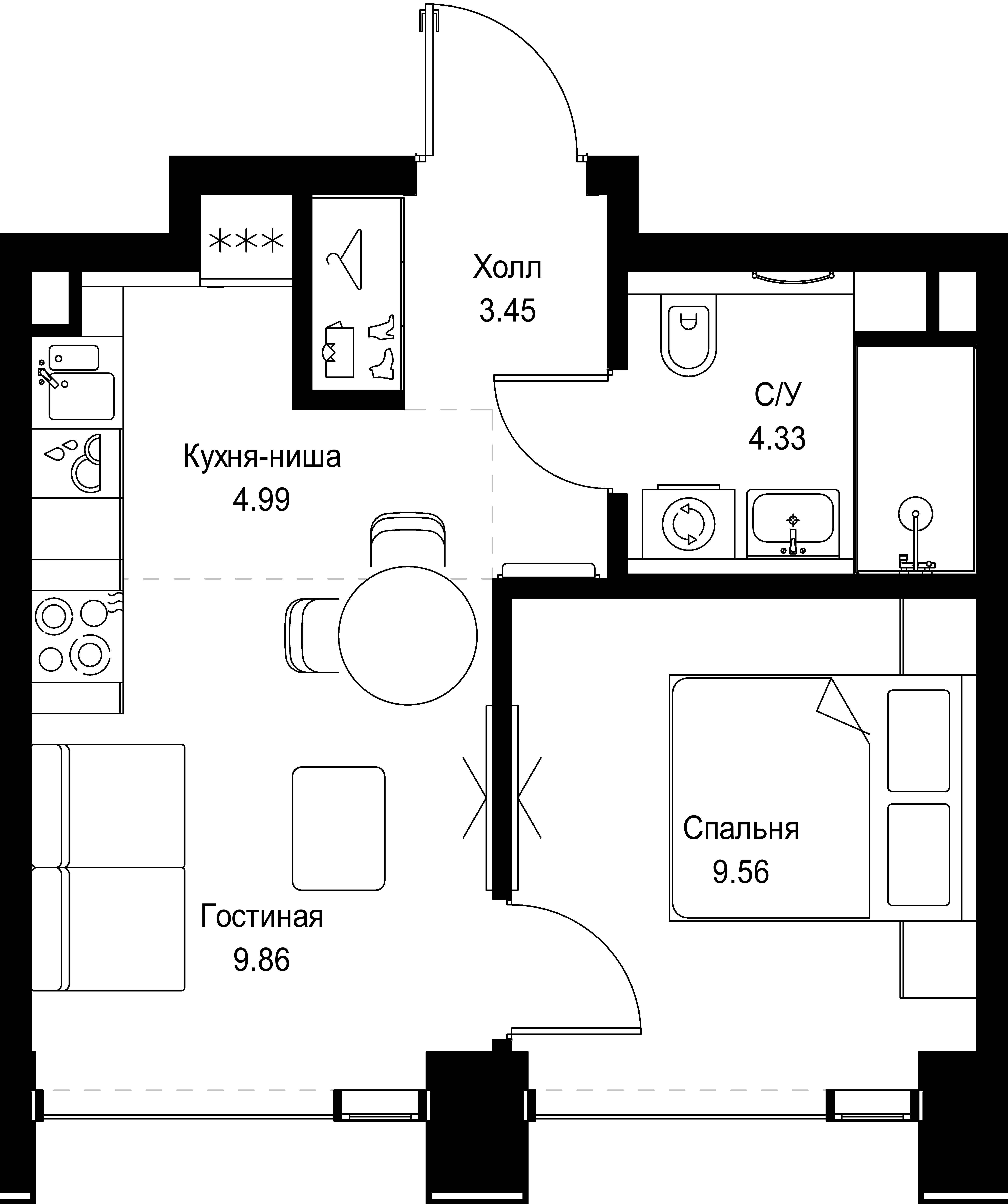 1 комн. квартира, 32.2 м², 57 этаж 