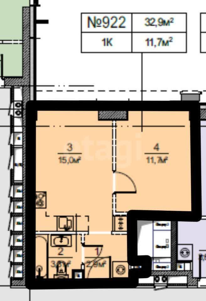 1 комн. квартира, 32.9 м², 8 этаж 