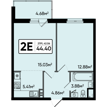 2 комн. квартира, 44.4 м², 8 этаж 