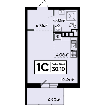 1 комн. квартира, 30.1 м², 8 этаж 