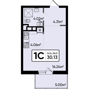 1 комн. квартира, 30.1 м², 15 этаж 