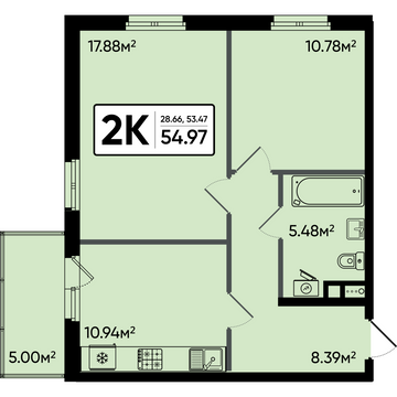 2 комн. квартира, 55 м², 16 этаж 