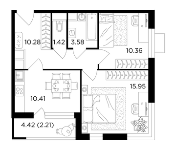 2 комн. квартира, 54.4 м², 8 этаж 