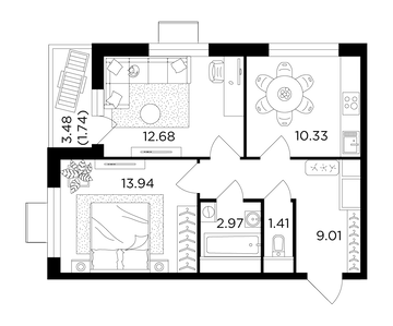 2 комн. квартира, 52.2 м², 22 этаж 