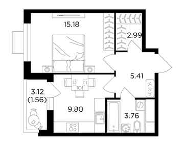 1 комн. квартира, 38.9 м², 9 этаж 