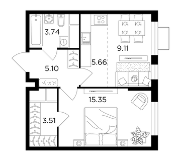 2 комн. квартира, 42.3 м², 22 этаж 