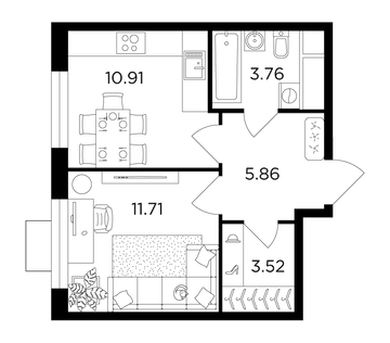 1 комн. квартира, 35.9 м², 24 этаж 