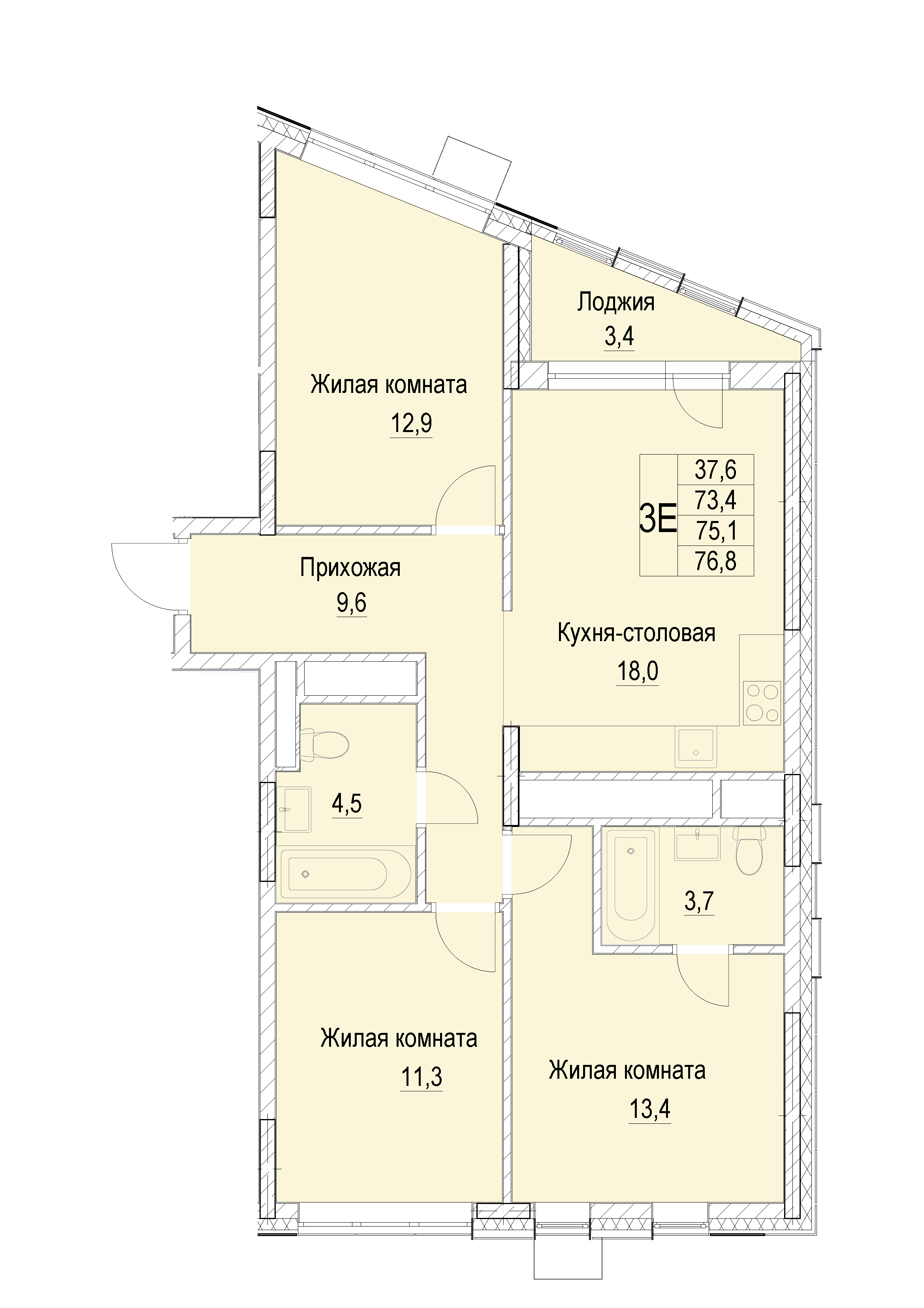 3 комн. квартира, 75.1 м², 17 этаж 