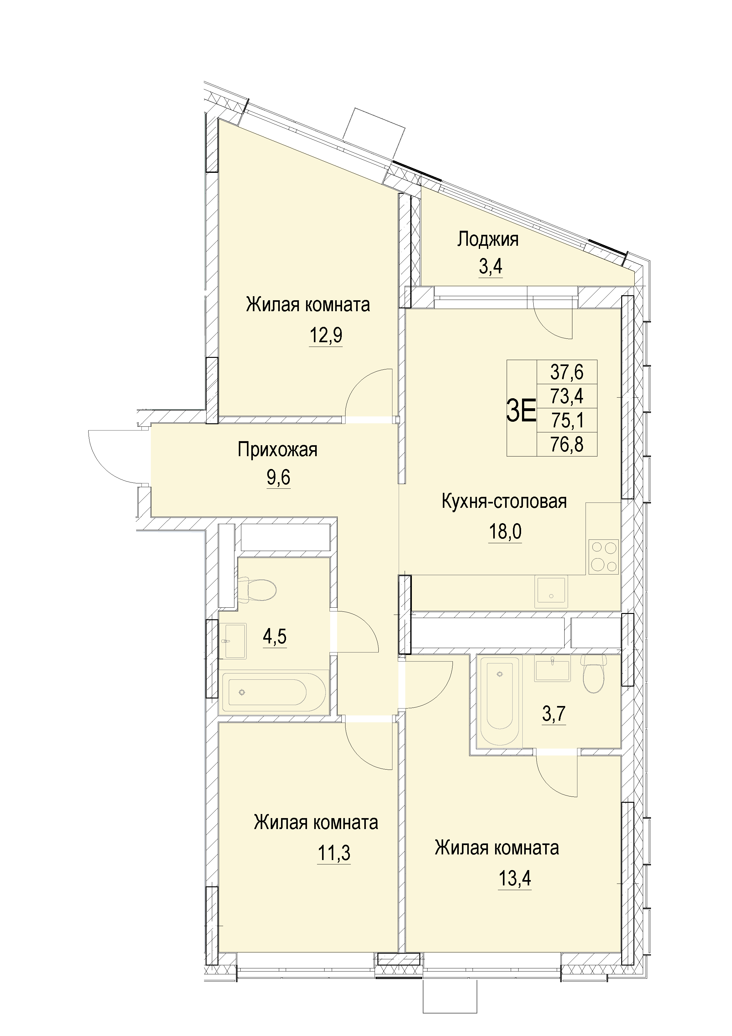 3 комн. квартира, 75.1 м², 13 этаж 