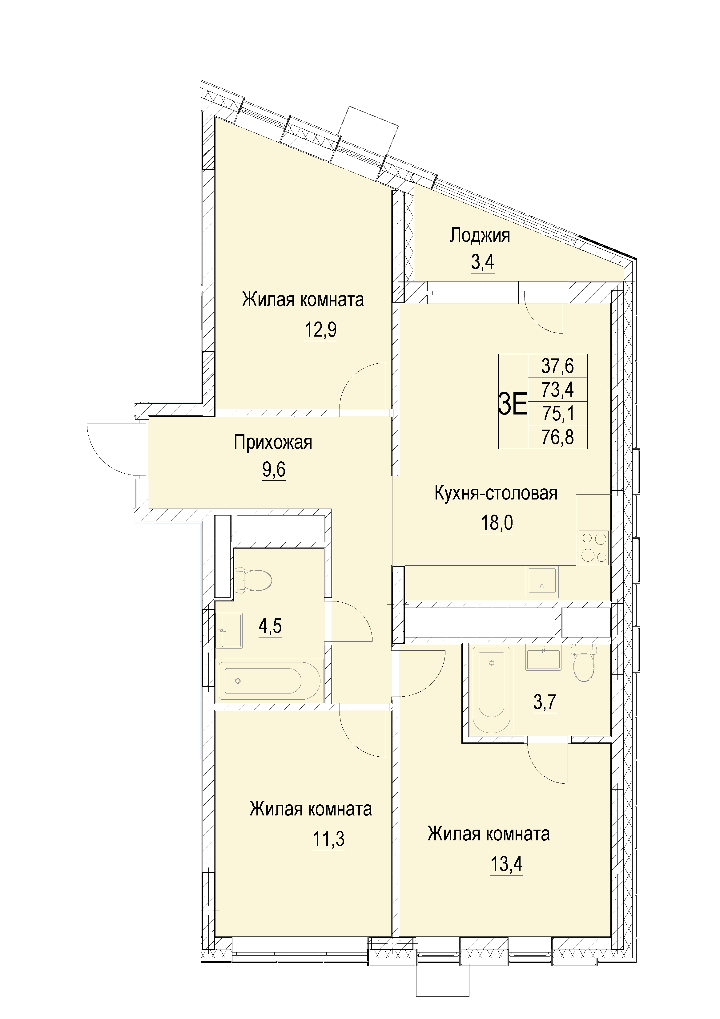 3 комн. квартира, 75.1 м², 12 этаж 