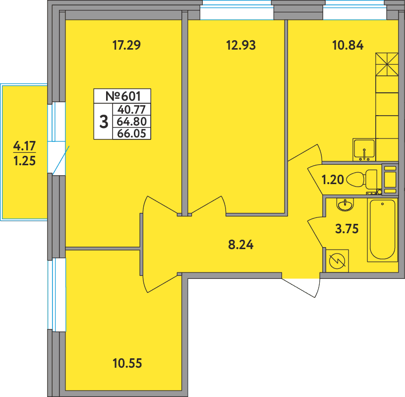 3 комн. квартира, 66 м², 8 этаж 
