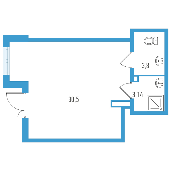 студия, 38.4 м², 1 этаж 