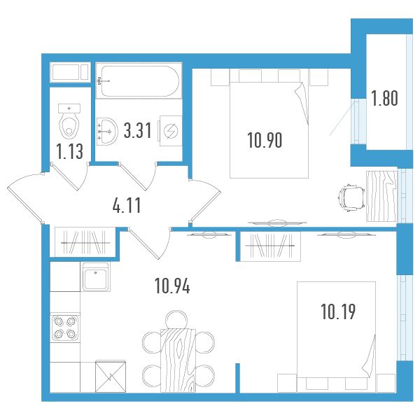 1 комн. квартира, 41 м², 11 этаж 