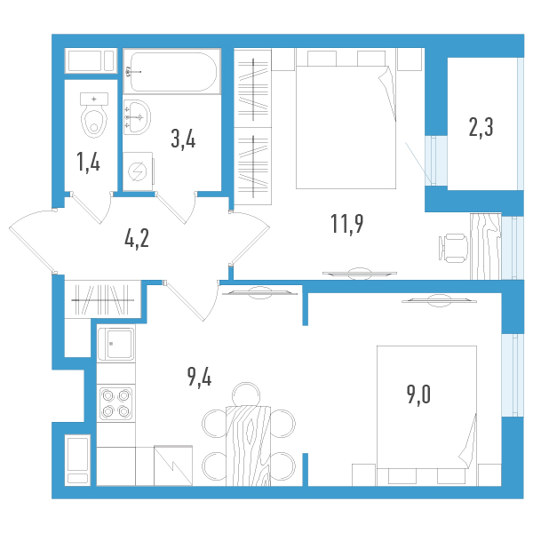 1 комн. квартира, 40.5 м², 9 этаж 