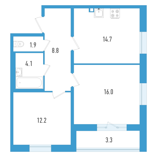 2 комн. квартира, 59.4 м², 3 этаж 