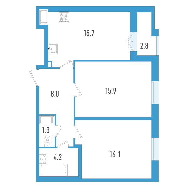2 комн. квартира, 62.6 м², 11 этаж 