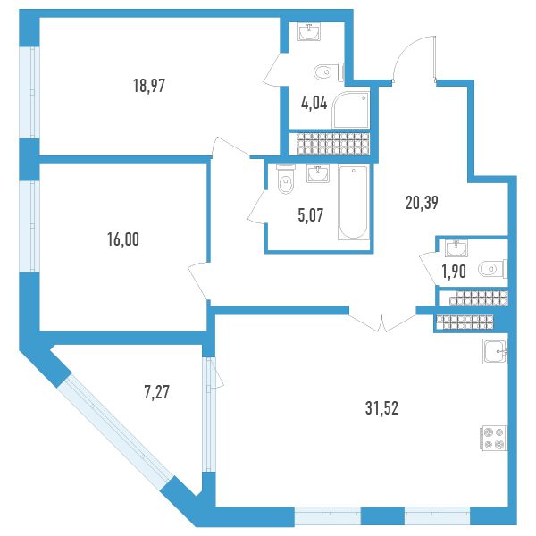 1 комн. квартира, 99.9 м², 18 этаж 