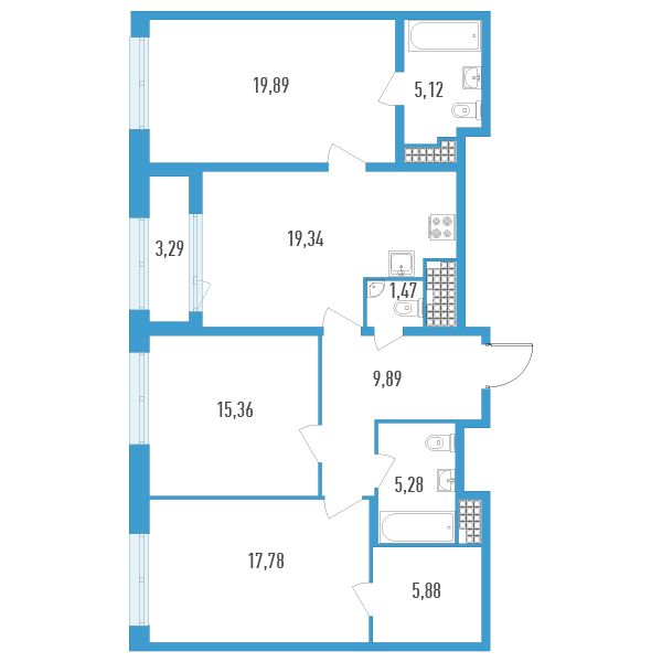3 комн. квартира, 101.4 м², 19 этаж 