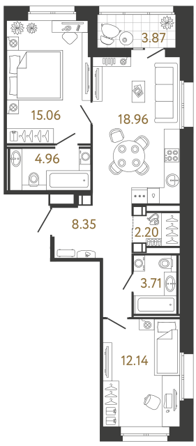 2 комн. квартира, 65.4 м², 14 этаж 