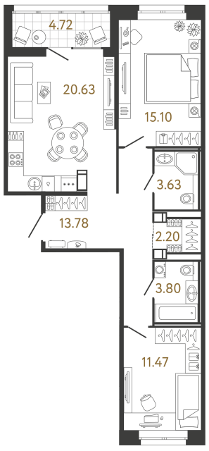 2 комн. квартира, 70.6 м², 10 этаж 