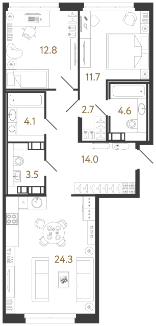 2 комн. квартира, 77.7 м², 3 этаж 