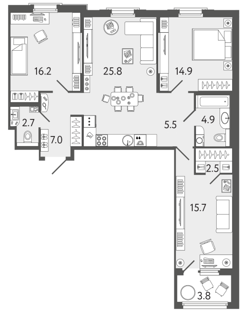 3 комн. квартира, 95.2 м², 2 этаж 
