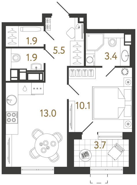 1 комн. квартира, 35.8 м², 13 этаж 