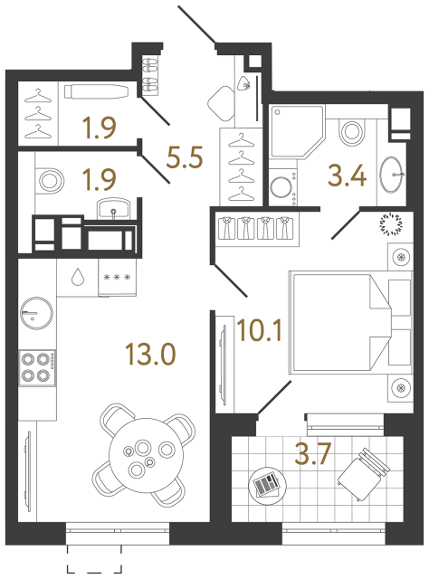 1 комн. квартира, 35.8 м², 18 этаж 