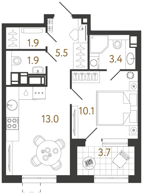 1 комн. квартира, 35.8 м², 14 этаж 