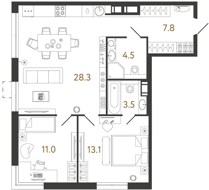 2 комн. квартира, 68.2 м², 14 этаж 