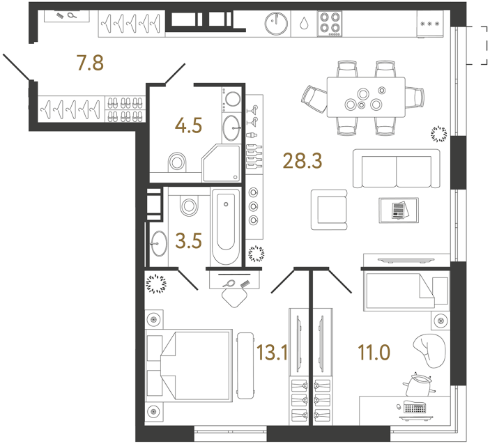 2 комн. квартира, 68.2 м², 17 этаж 