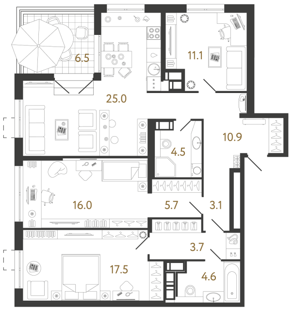 3 комн. квартира, 102.1 м², 22 этаж 