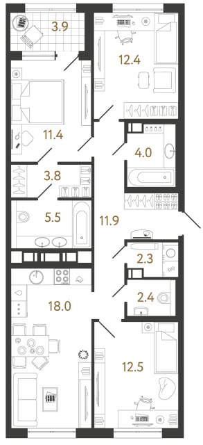3 комн. квартира, 84.2 м², 4 этаж 