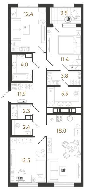 3 комн. квартира, 84.2 м², 13 этаж 