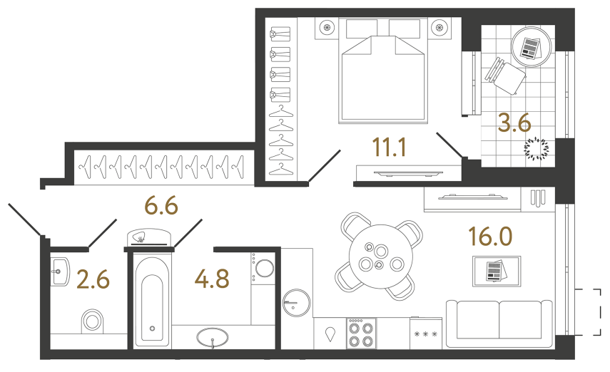 1 комн. квартира, 41.1 м², 2 этаж 