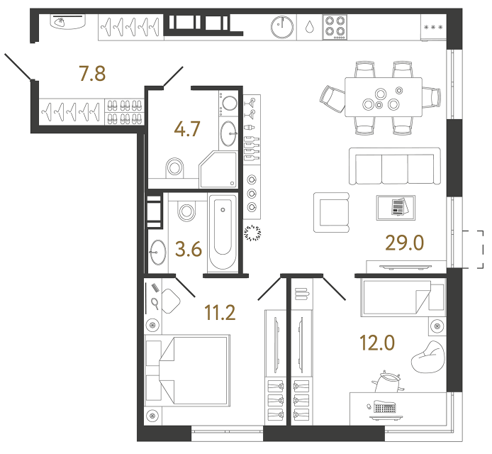 2 комн. квартира, 68.3 м², 16 этаж 
