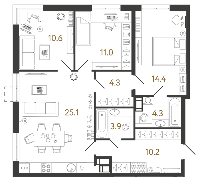 3 комн. квартира, 83.8 м², 10 этаж 