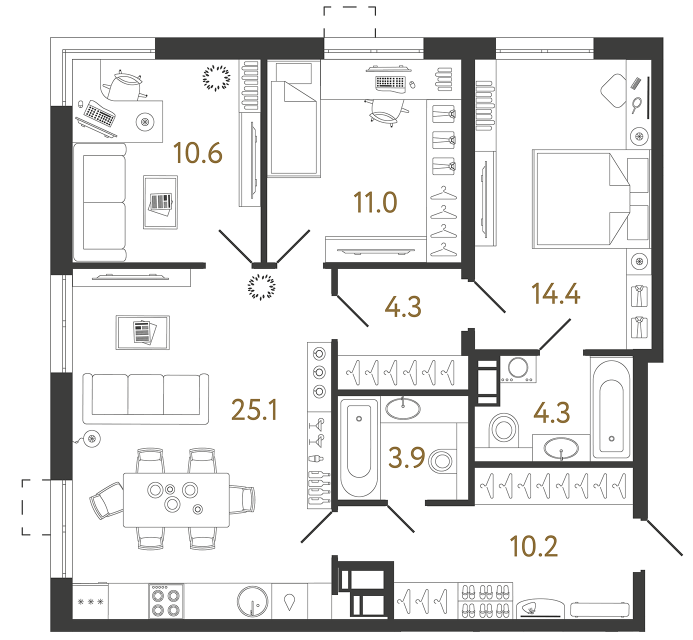 3 комн. квартира, 83.8 м², 15 этаж 