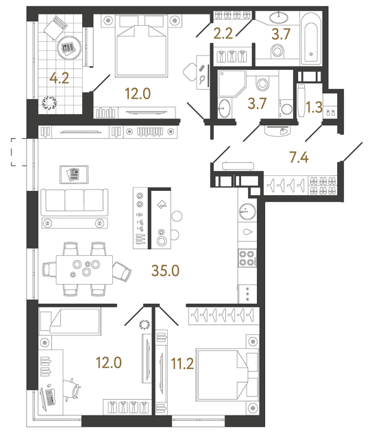 3 комн. квартира, 88.5 м², 9 этаж 