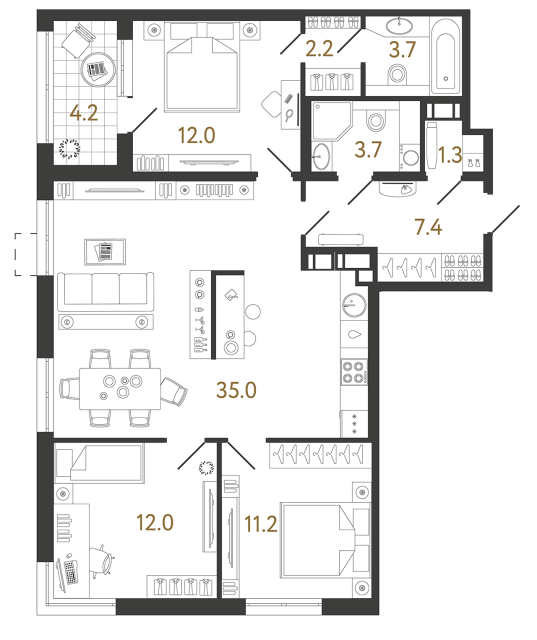 3 комн. квартира, 88.5 м², 15 этаж 