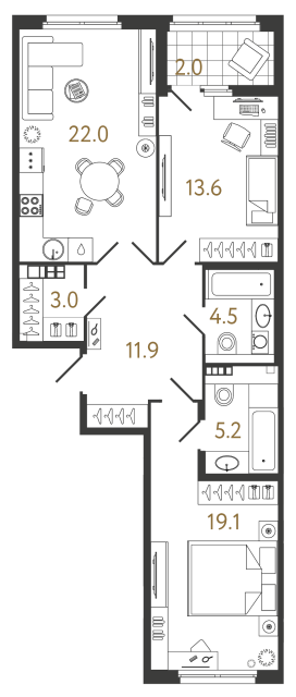 2 комн. квартира, 79.3 м², 5 этаж 