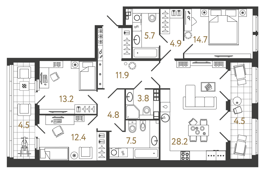 3 комн. квартира, 107.1 м², 4 этаж 