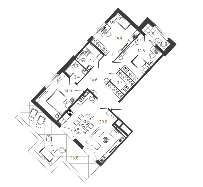 3 комн. квартира, 98.3 м², 8 этаж 