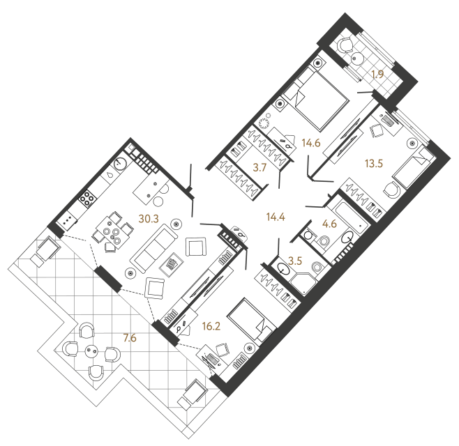 3 комн. квартира, 100.8 м², 8 этаж 