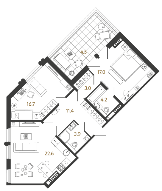 2 комн. квартира, 78.8 м², 6 этаж 
