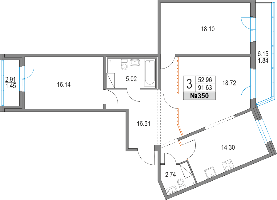 3 комн. квартира, 91.4 м², 11 этаж 